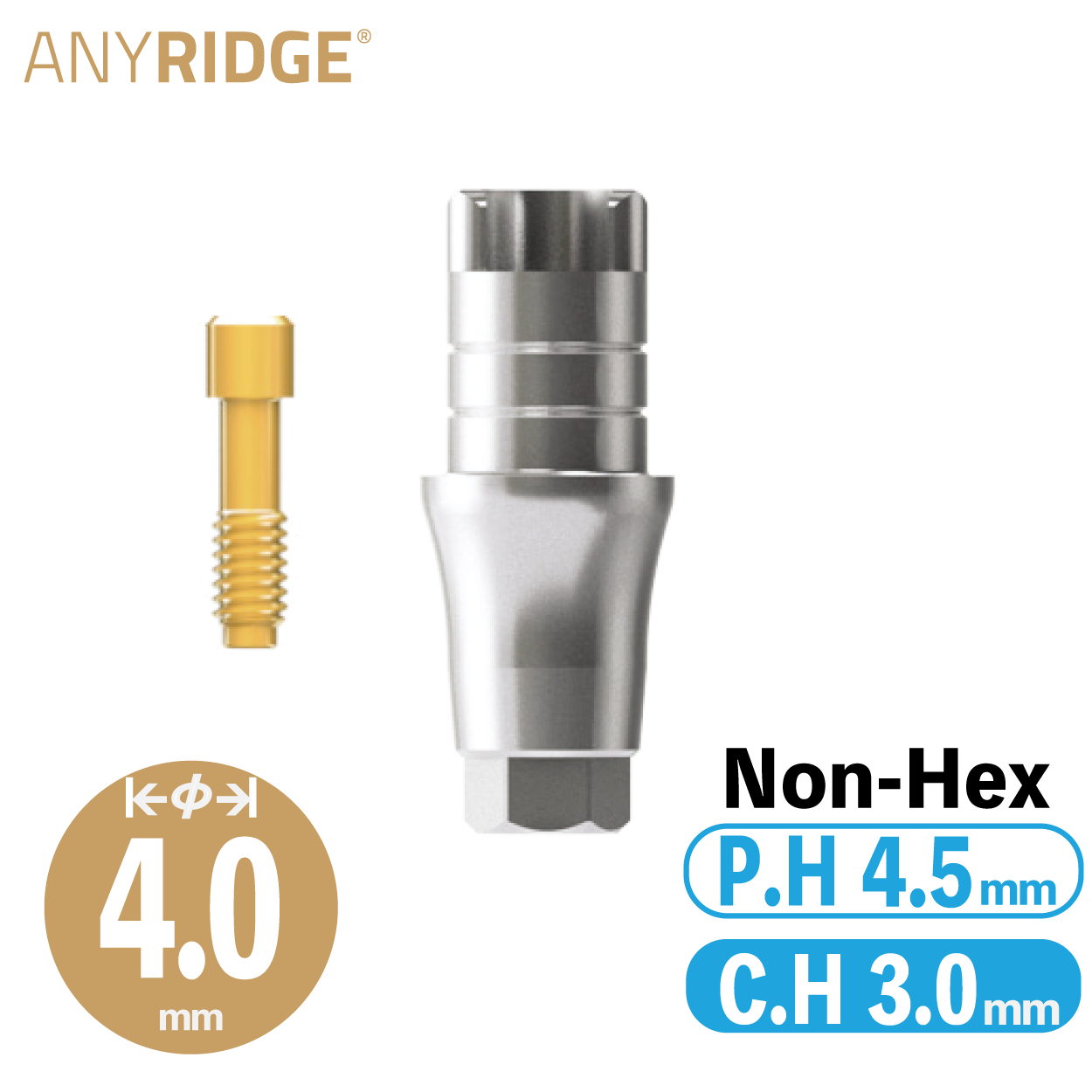 ZrGEN Abutment [AR] Ø4/ C.H=3/ P.H=4.5/ Non-Hex