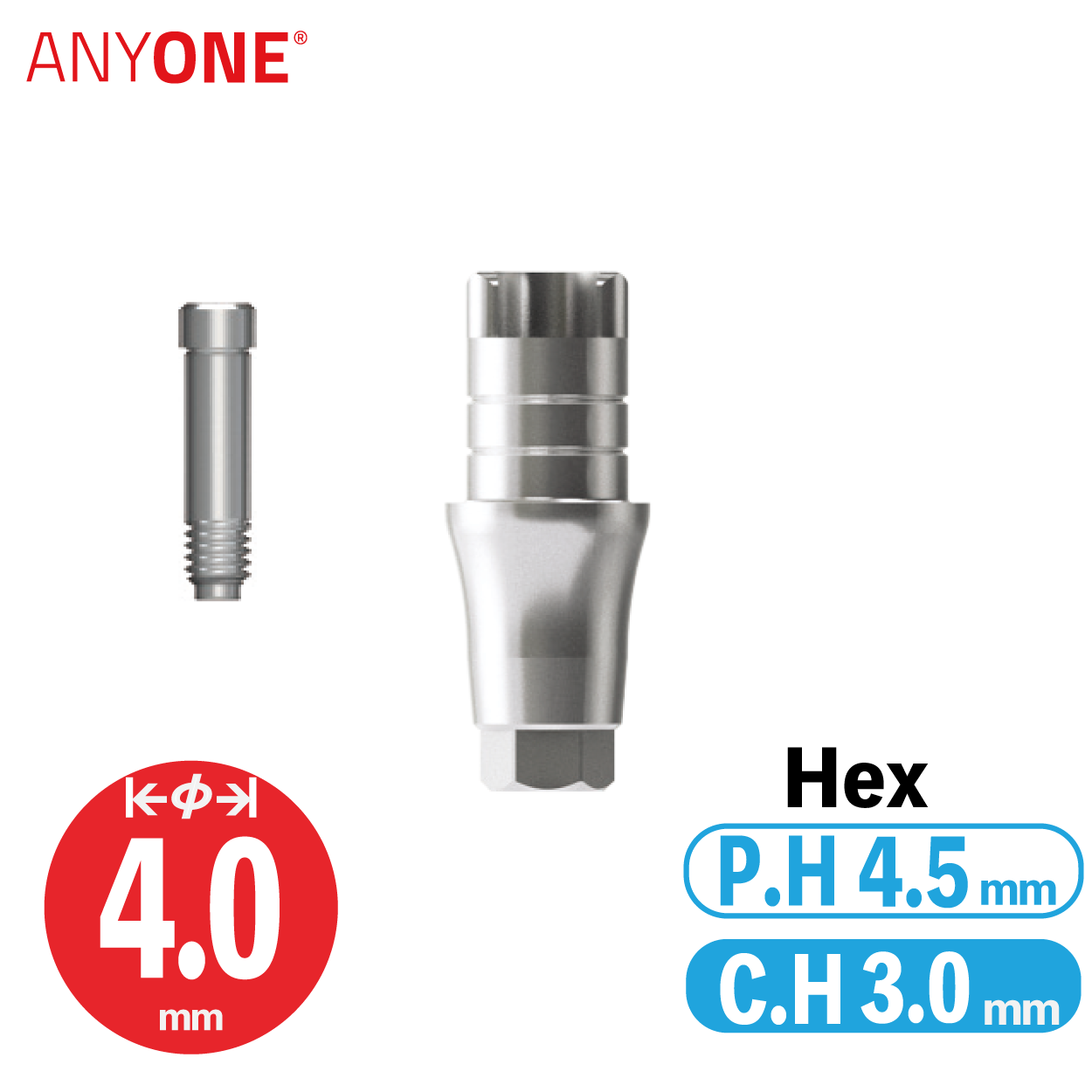 ZrGEN Abutment [AO]　φ4/ C.H=3/ P.H=4.5/ Hex