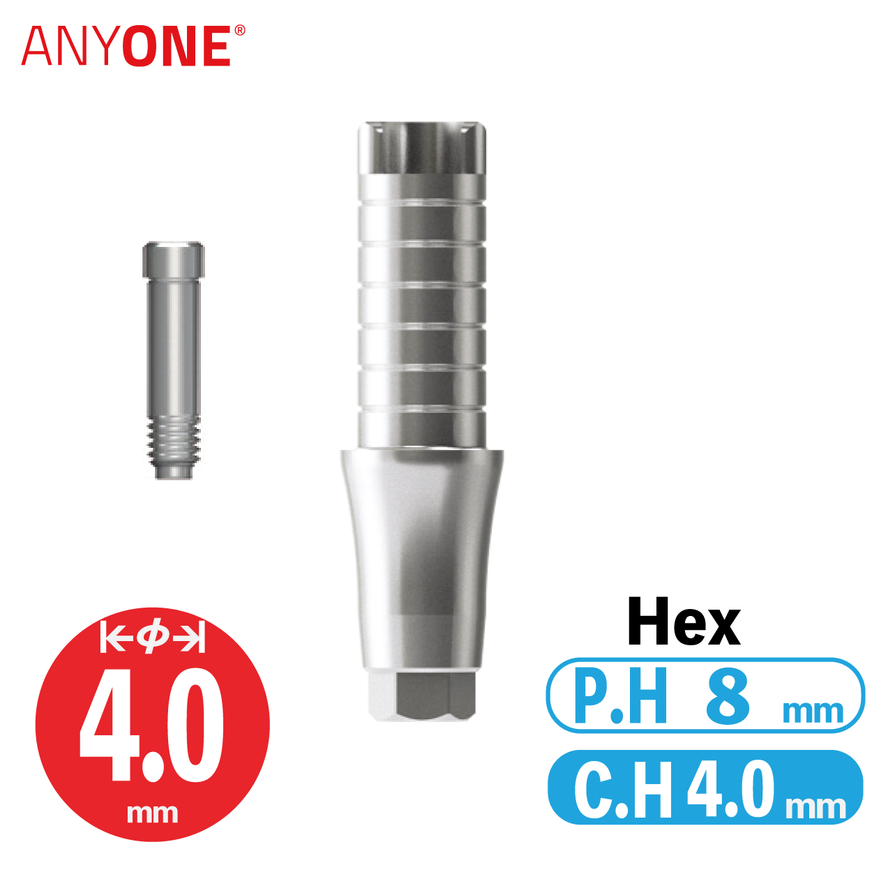 ZrGEN Abutment [AO]　Ø4.0/ C.H=4/ P.H=8/ Hex