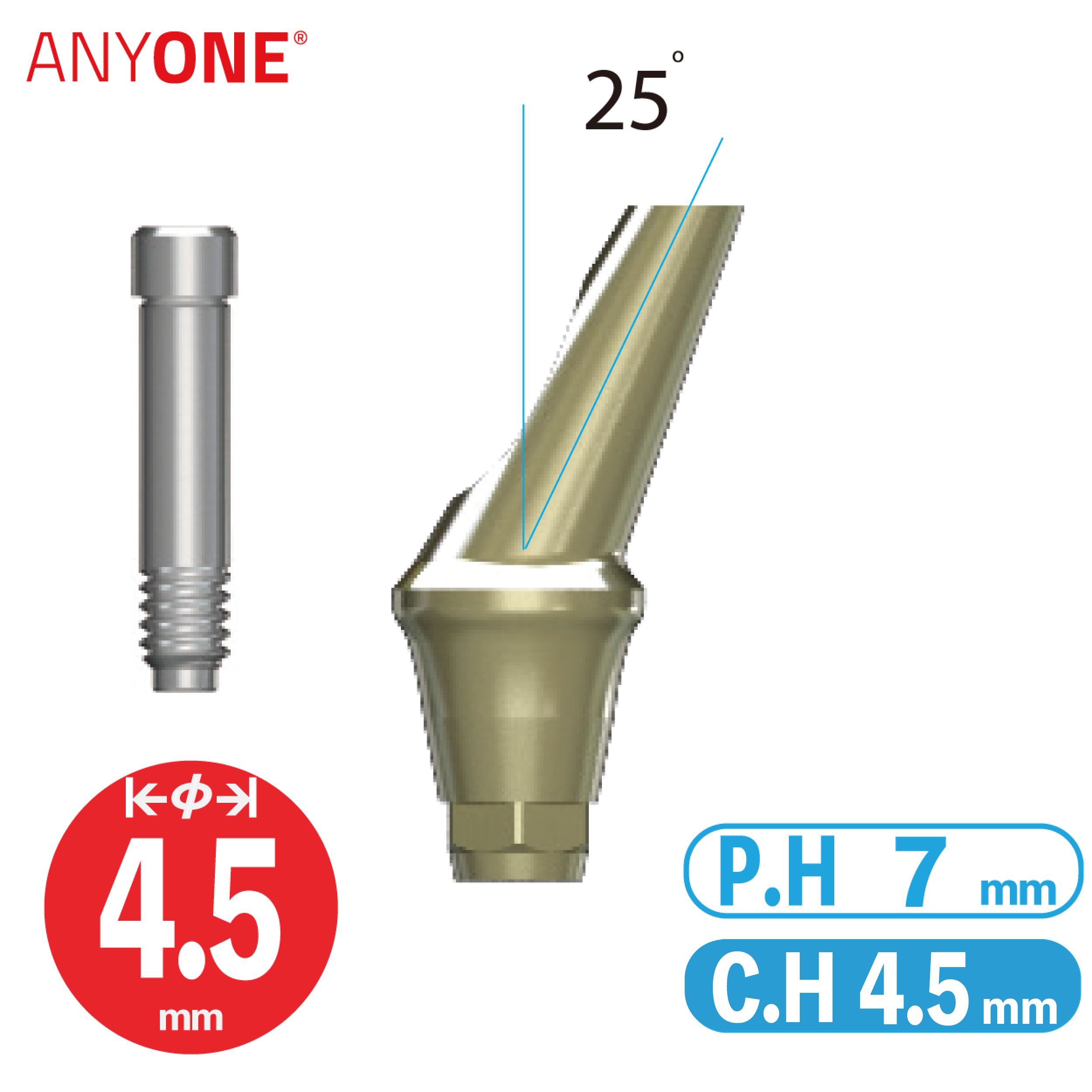 Angled Abutment [AO] φ4.5/ C.H=4.5/ 25°/ Hex