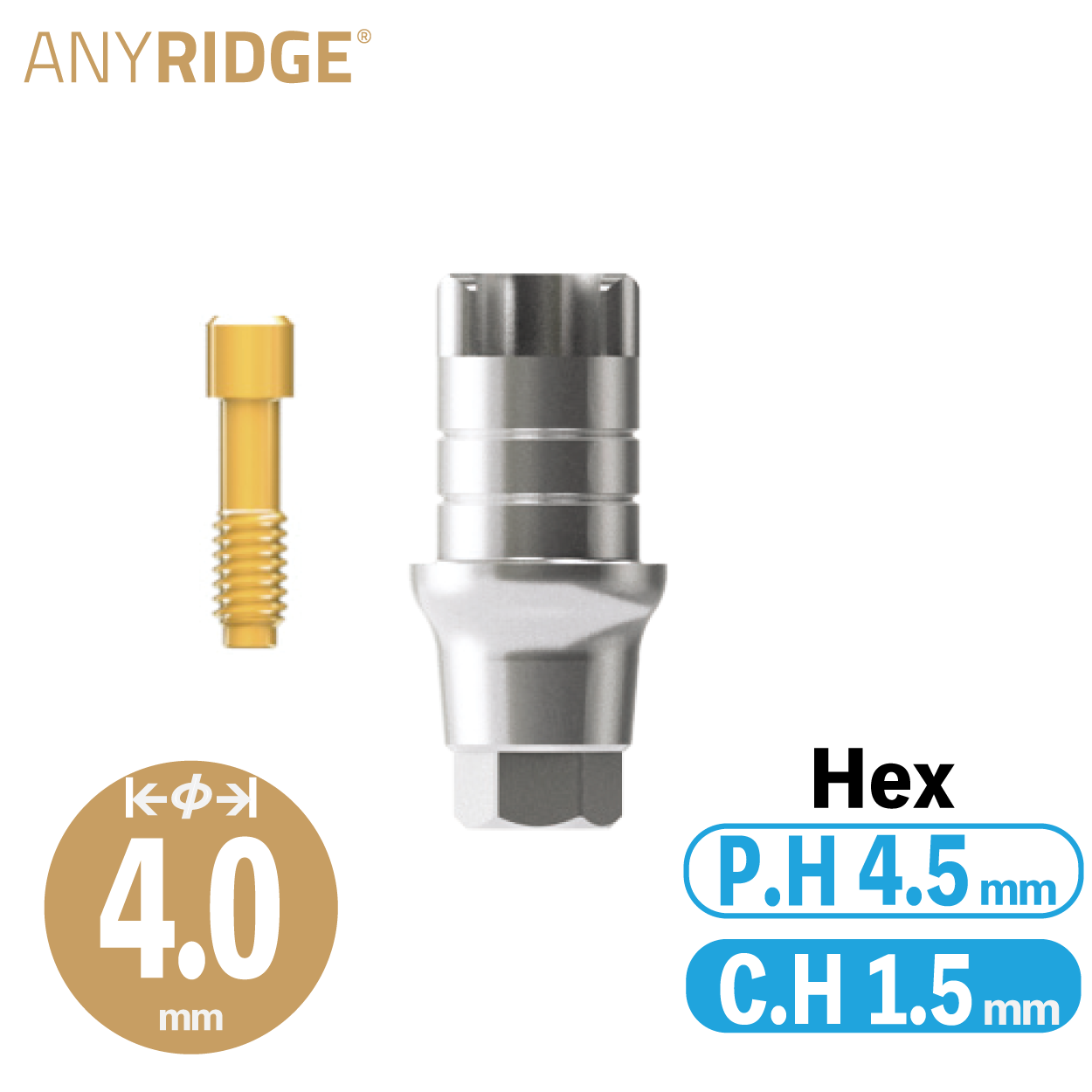 ZrGEN Abutment [AR] Ø4/ C.H=1.5/ P.H=4.5/ Hex